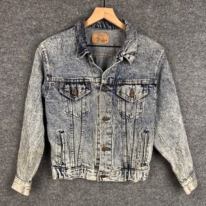 Vintage Plain Pockets Acid Wash Denim Jacket Trucker Style Jean Blue Small